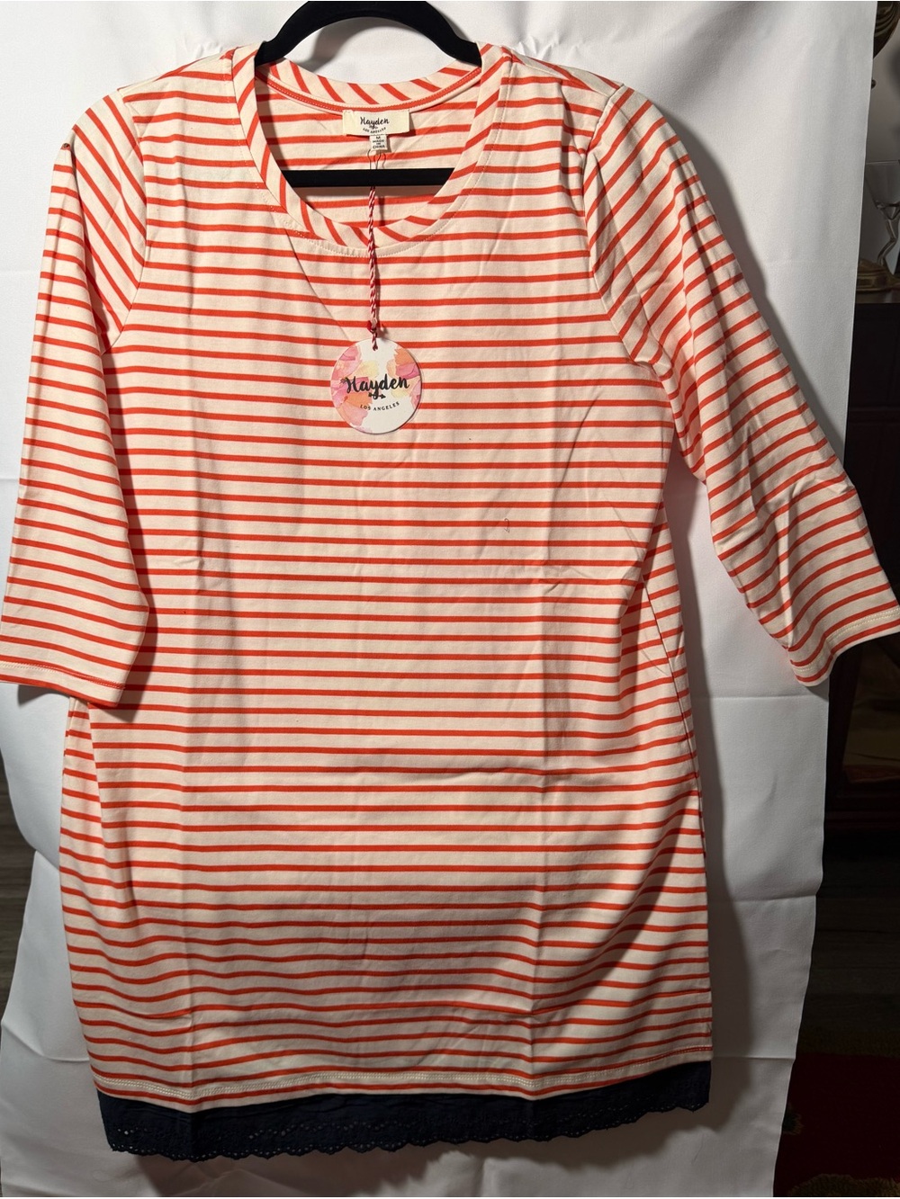 Hayden Los Angeles Striped Shift Dress Orange Ivory Lace Hem M NWT